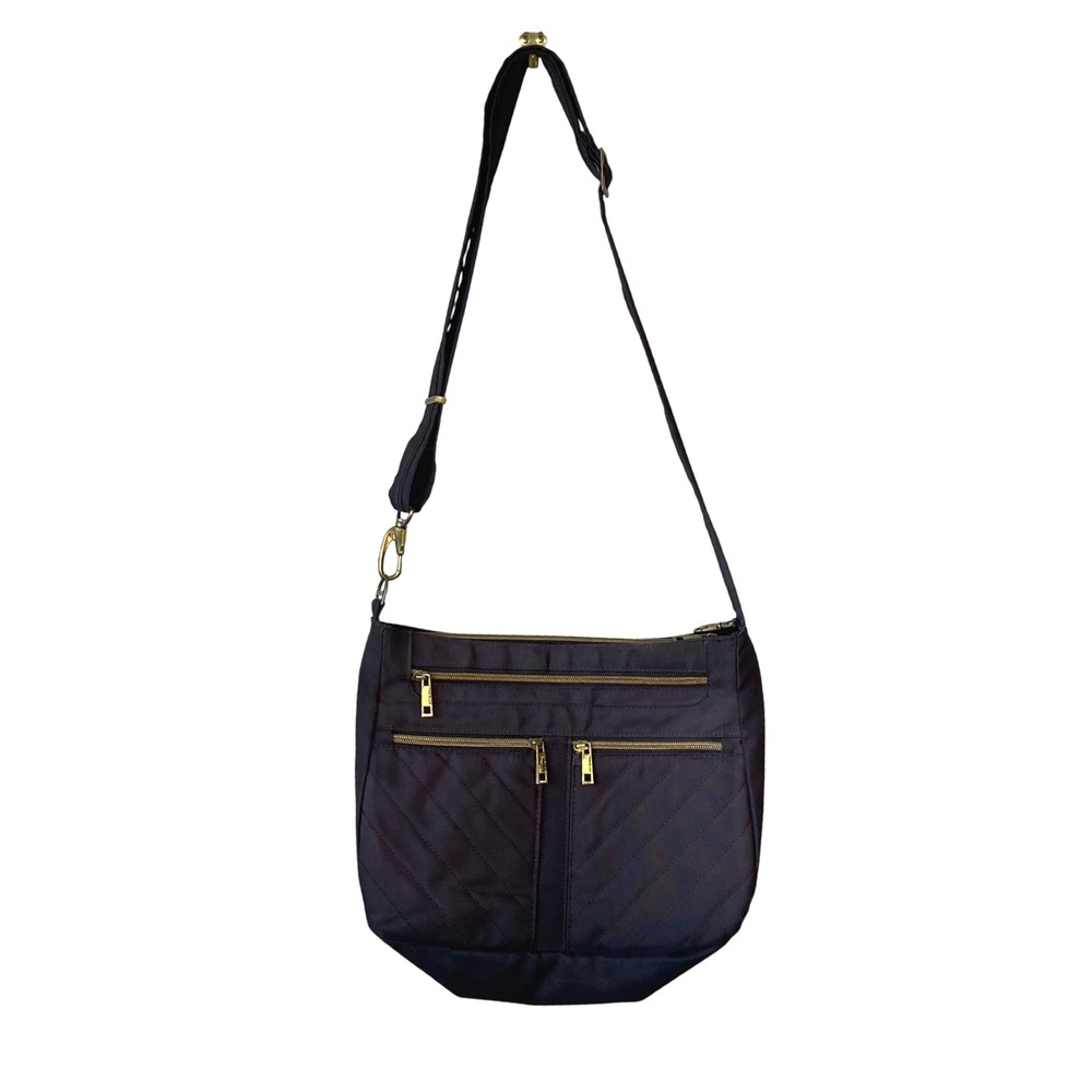 Travelon Quilted Crossbody Bag Dark Brown m Gold‎ Tone Zippers Adjustable Strap